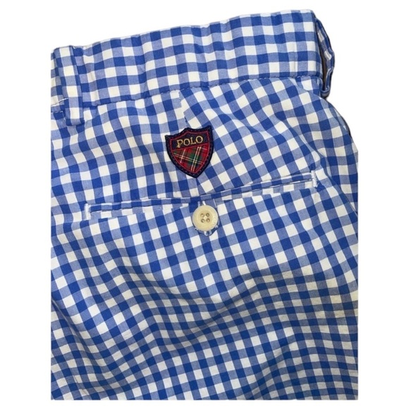 POLO GOLF Ralph Lauren Cotton Blue/White Gingham Flat Front Shorts Size 36 - Picture 7 of 11